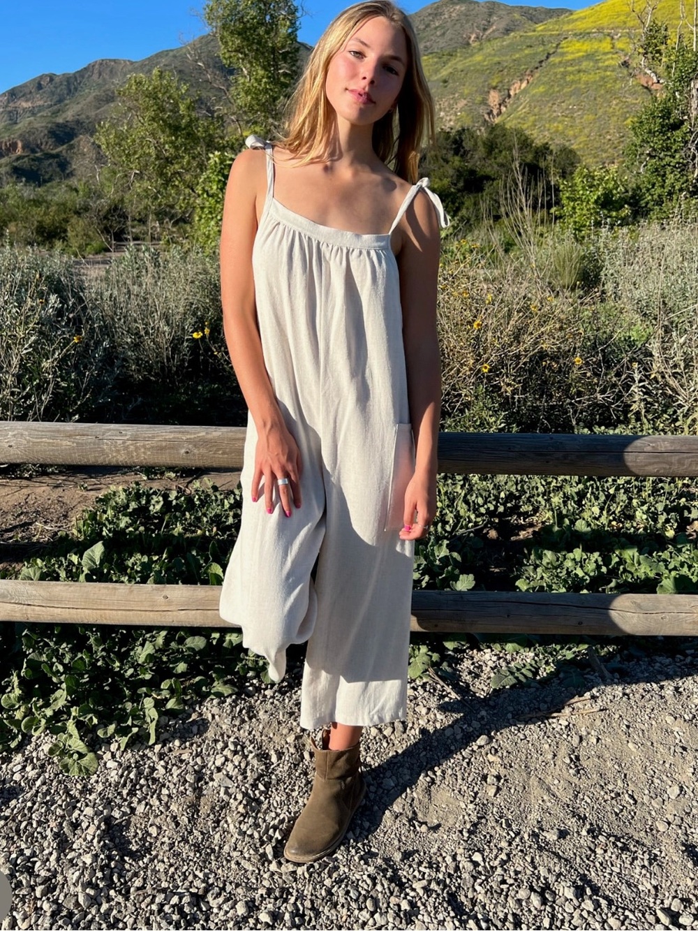 Ciao Overall Casual Tie-Shoulder Jumpsuit in Off-White